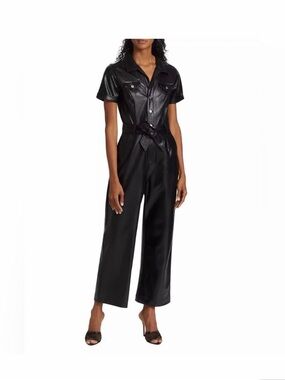 PAIGE Black Faux Leather Short-Sleeve Belted Jumpsuit size 4